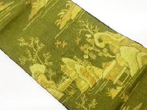 手織り真綿紬山々に木・民家模様織出し名古屋帯